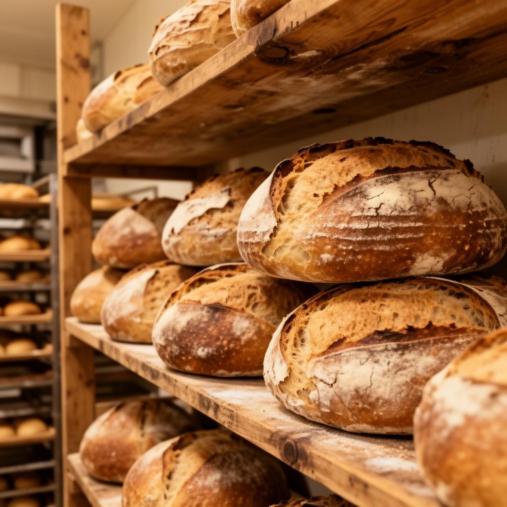 Wholesale sourdough loaves on bakery shelves